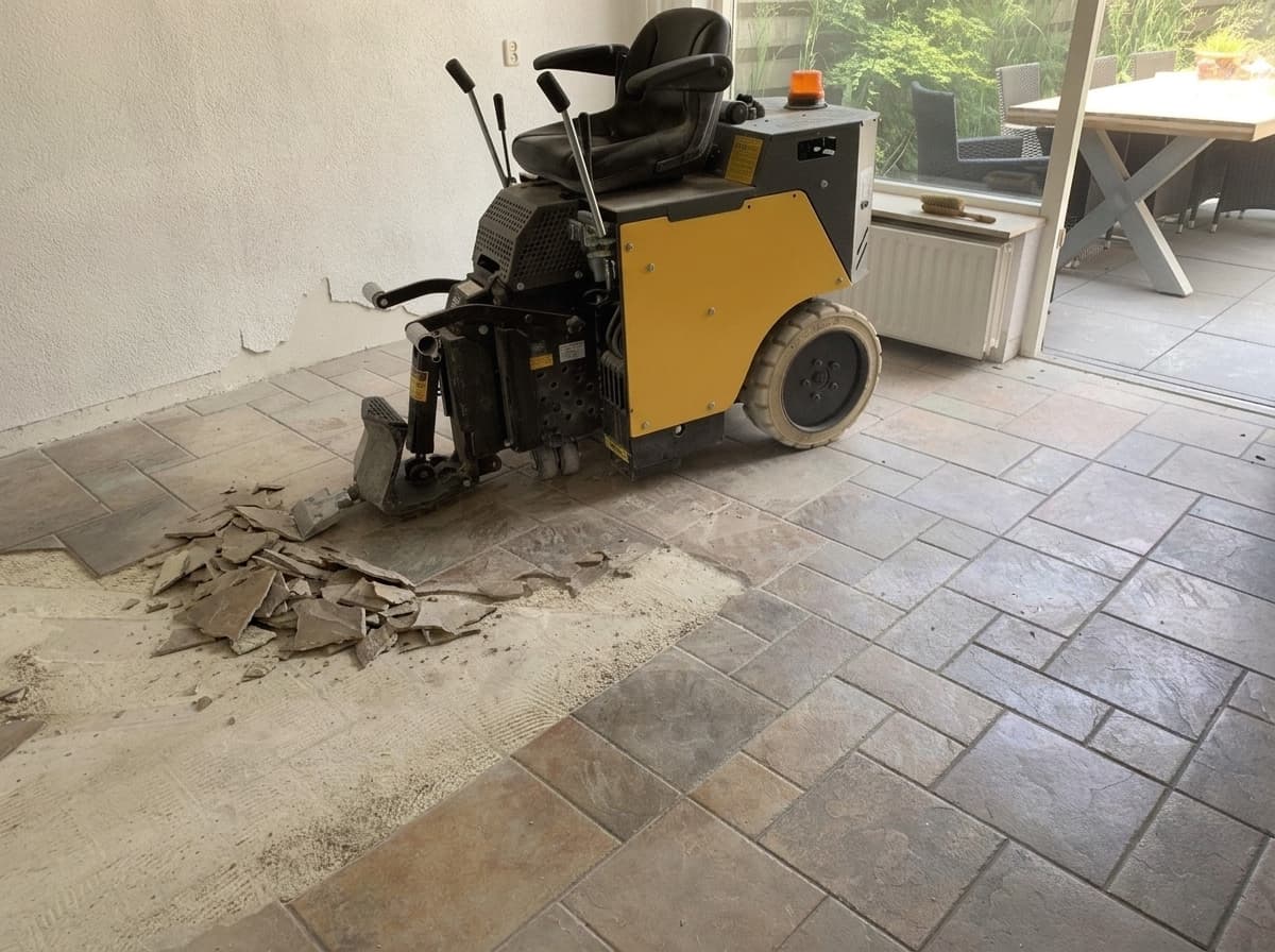 Tegelvloer verwijderd tijdens complete woningrenovatie.