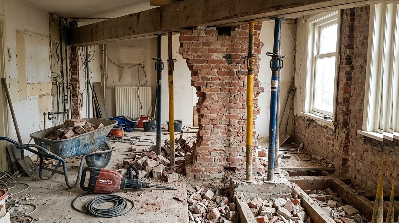 Realistische impressie van professioneel sloopwerk met stempels, breekmaterieel en puinafvoer zonder tekst